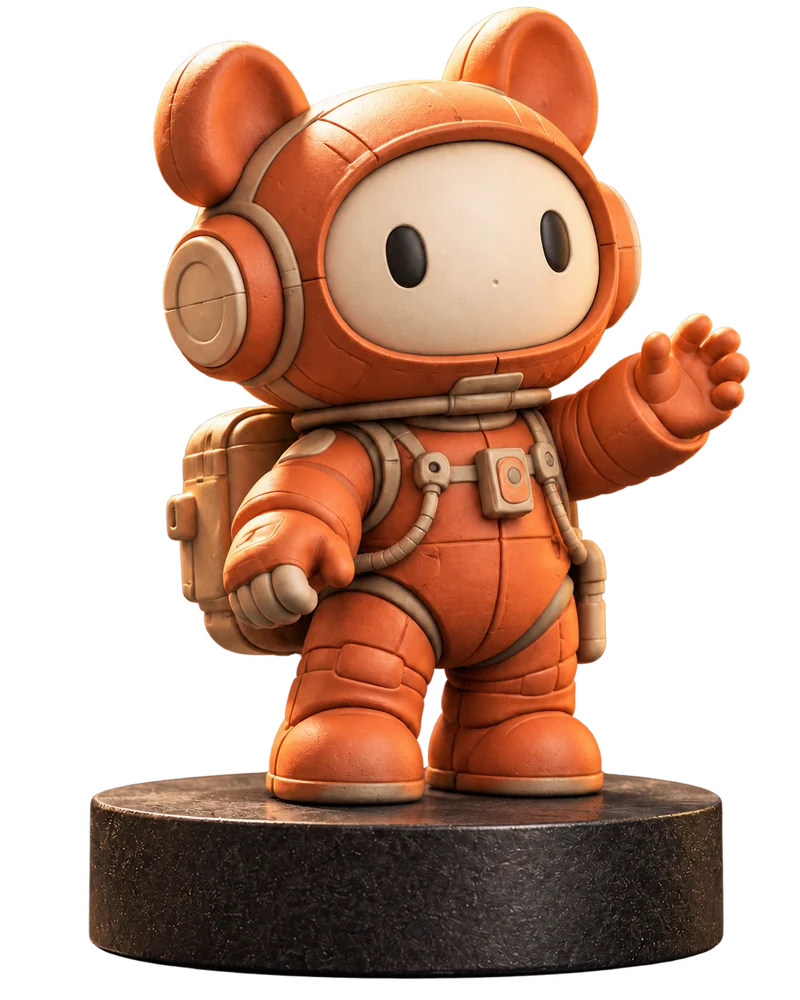 イラストから立体化したオレンジ色のキャラクターの制作イメージ
