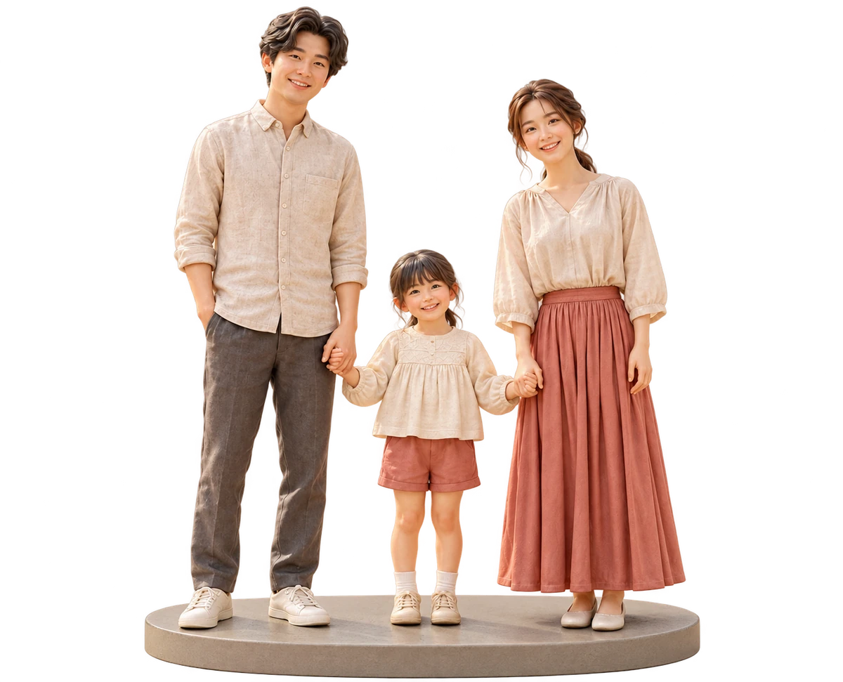 家族3人の写真からつくるフィギュアの制作イメージ