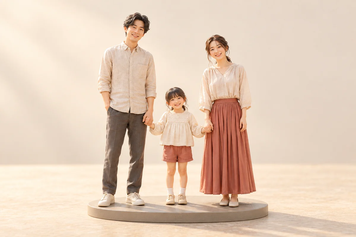 家族3人をかたちにしたフィギュアの制作イメージ