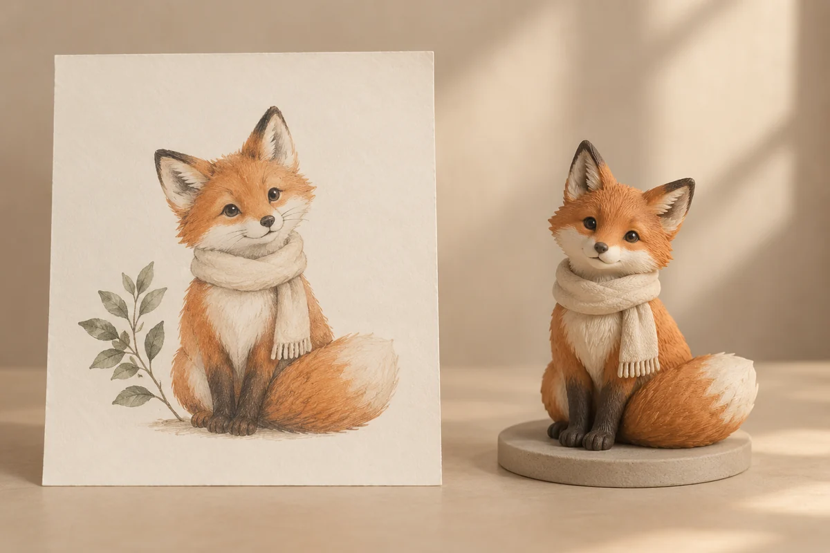 キツネのイラストと同じ姿のフィギュアの制作イメージ