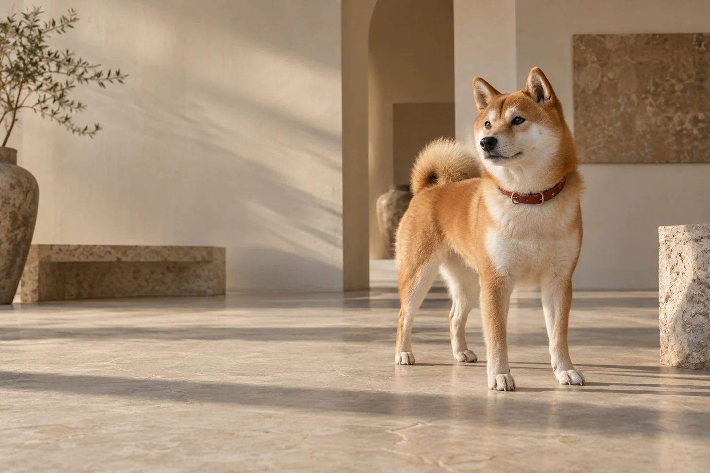 光の差し込む空間に立つ柴犬の生成イメージ